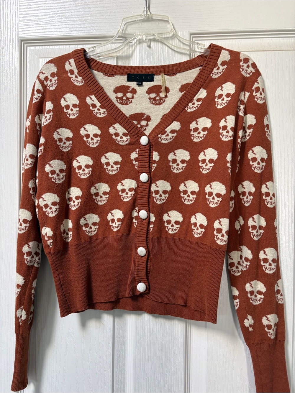 TCEC Rust and Cream Skull Print V-Neck Button Cardigan